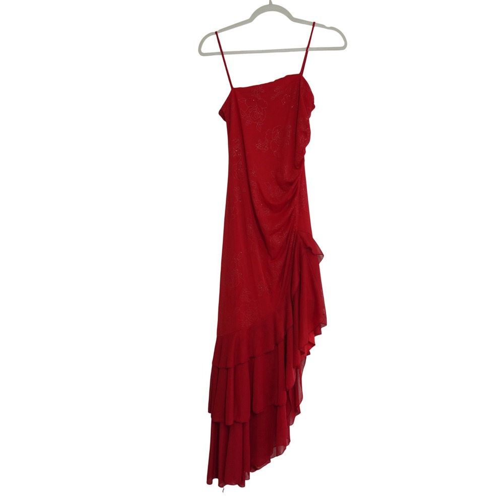 Entrancy Red Glitter Floral Y2K 90s Whimsigoth Asymmetrical Ruffle Maxi Dress
